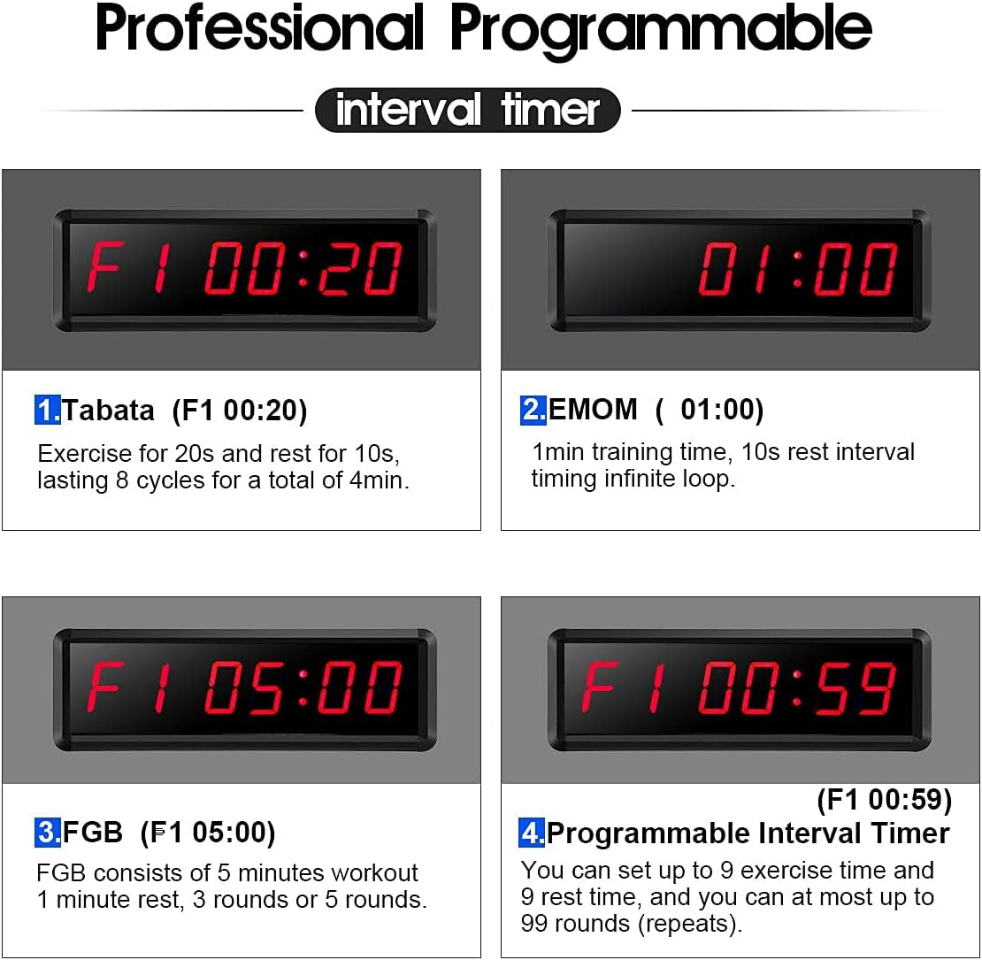 Gym Timer,Led Workout Colck Count Down/Up Clock,.5" X 4" Ultra-Clear Digital Display, Power Bank Compatible with Workout Metal Stopwatch, Multi-Scenes with Remote (.5 Inch Red)