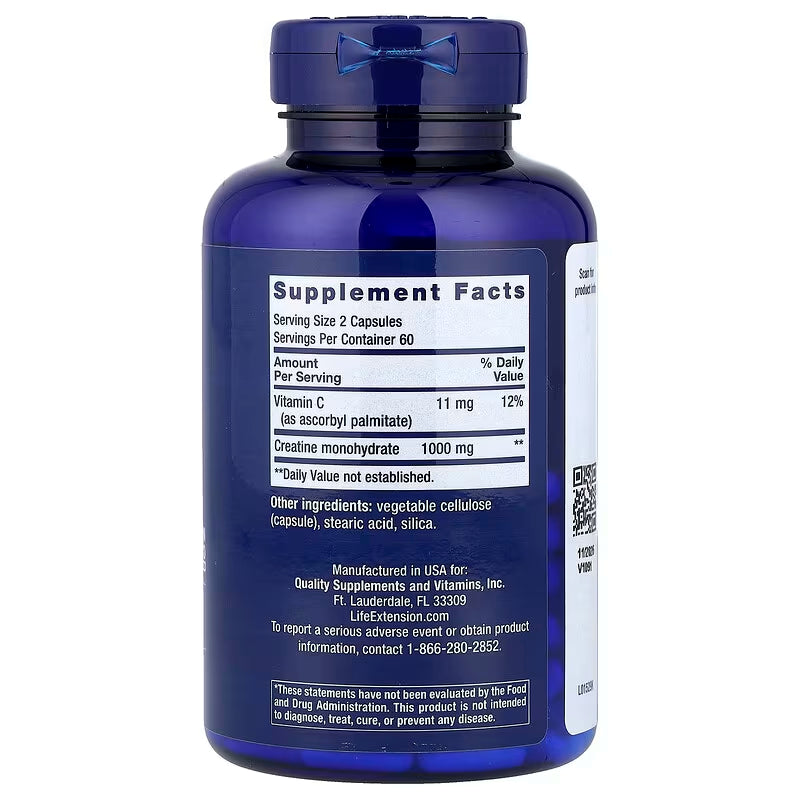 Life Extension Creatine Capsules – Creatine Monohydrate – Promotes Strength, Lean Muscle, Healthy Endurance – Non-Gmo, Gluten-Free – 120 Capsules