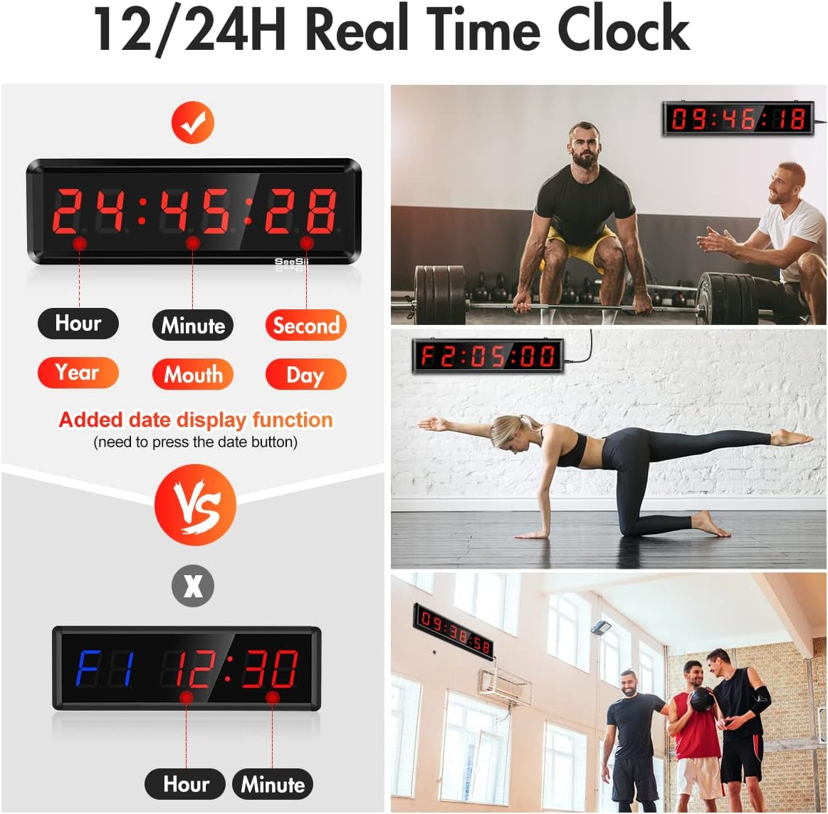 Gym Timer,Led Workout Colck Count Down/Up Clock,.5" X 4" Ultra-Clear Digital Display, Power Bank Compatible with Workout Metal Stopwatch, Multi-Scenes with Remote (.5 Inch Red)