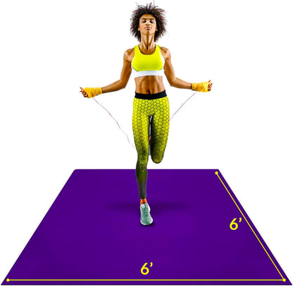 Large Exercise Mat 6 X 6 Ft 7Mm Thick Premium Square Workout Mat for Home Gym Flooring | Non-Slip Wide Rubber Mat for Fitness, Cardio, HIIT | Bonus Jump Rope and Storage Bag Included
