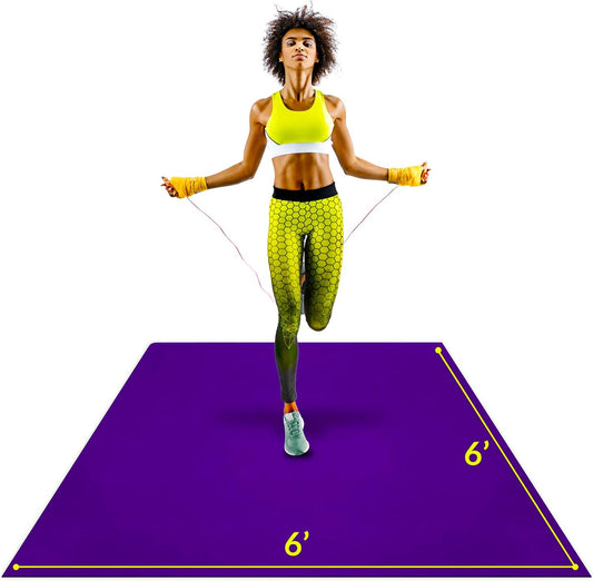 Large Exercise Mat 6 X 6 Ft 7Mm Thick Premium Square Workout Mat for Home Gym Flooring | Non-Slip Wide Rubber Mat for Fitness, Cardio, HIIT | Bonus Jump Rope and Storage Bag Included