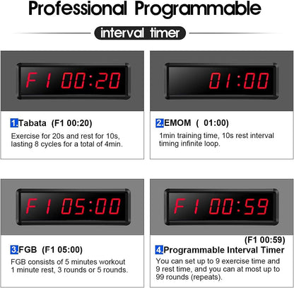 Gym Timer,Led Workout Colck Count Down/Up Clock,.5" X 4" Ultra-Clear Digital Display, Power Bank Compatible with Workout Metal Stopwatch, Multi-Scenes with Remote (.5 Inch Red)